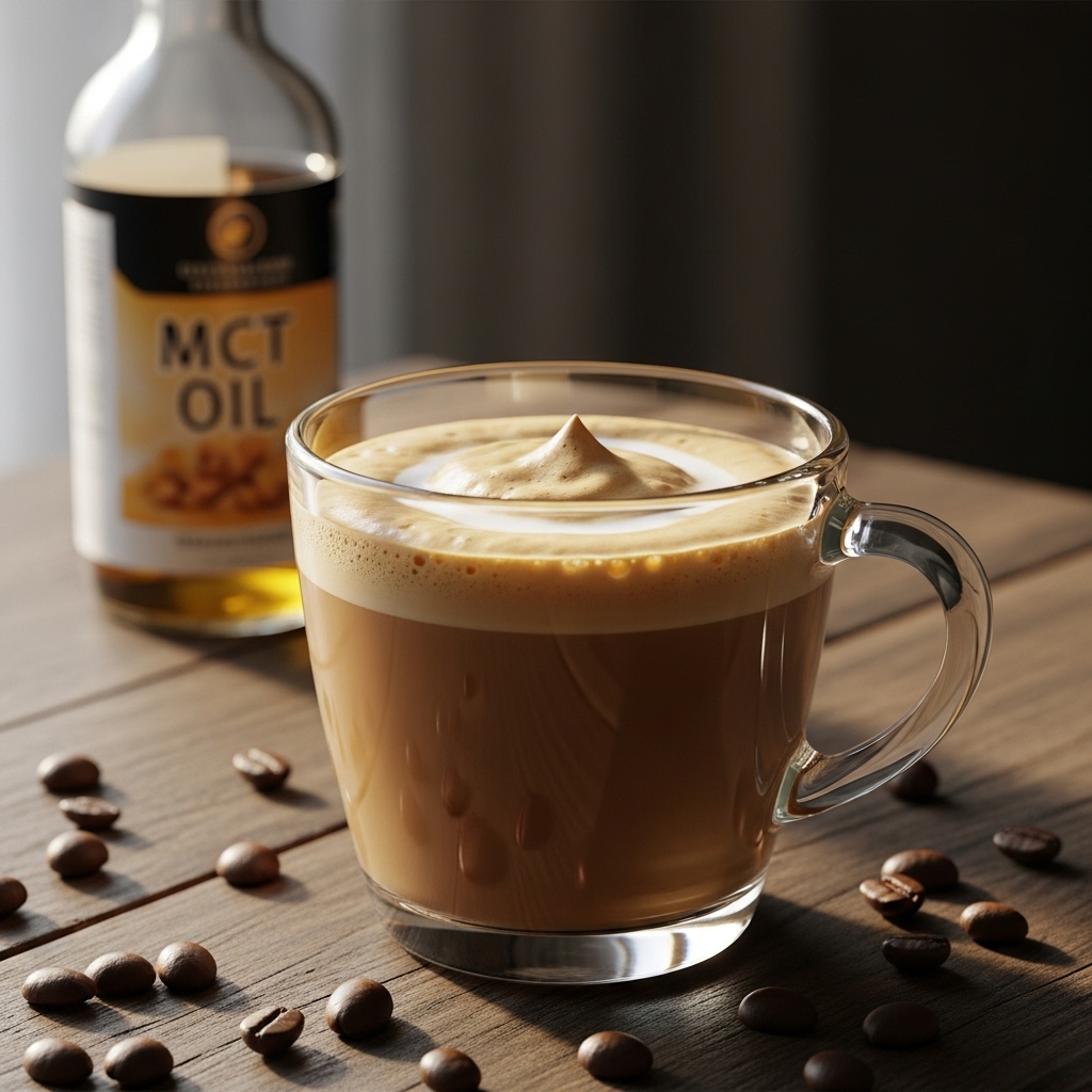 A creamy keto bulletproof coffee in a glass mug, topped with microfoam