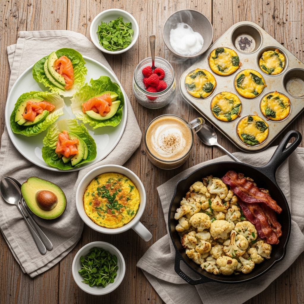 A beautifully arranged keto breakfast spread on a rustic wooden farmhouse table in soft morning light