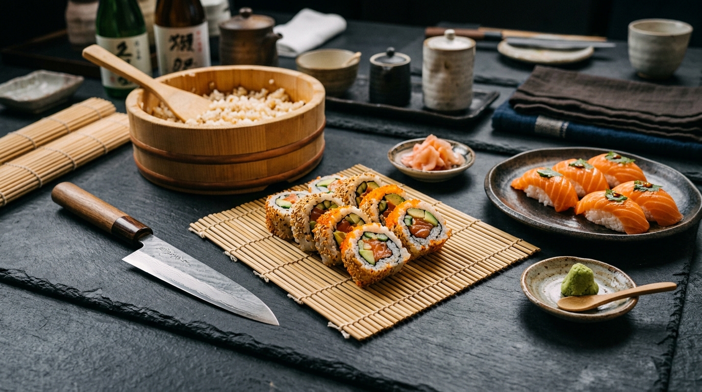 Beginner Sushi Kit Gear Laid Out on Counter