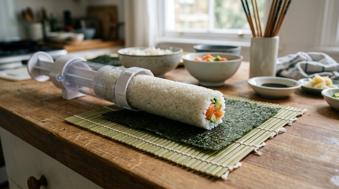 Cleanly Slicing Sushi Roll with Wet Japanese Knife on Cutting Board