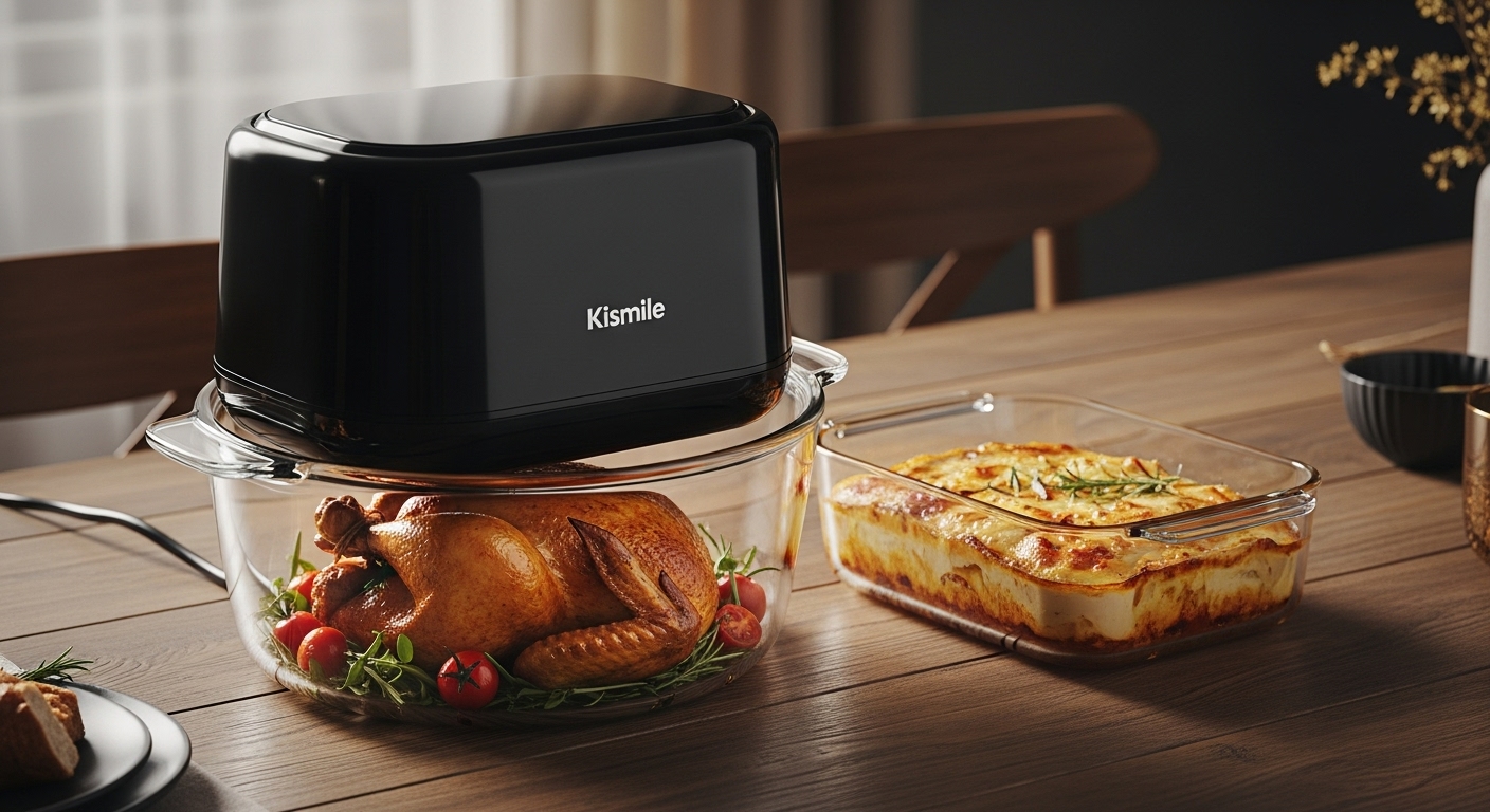 Kismile 5-in-1 Portable Glass Air Fryer with roasted chicken in the large pot and a casserole in the smaller container on a wooden table.