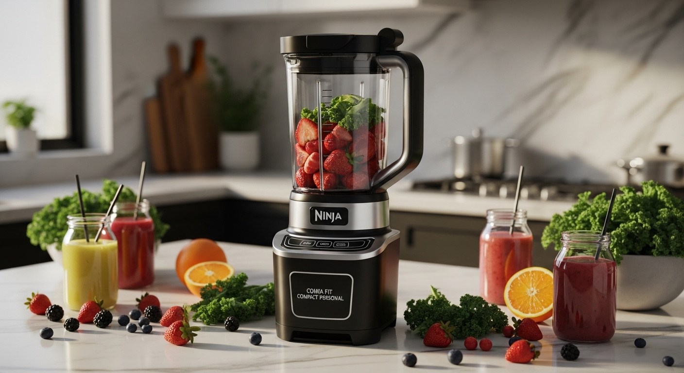 Ninja Fit Compact Personal Blender in black and silver, surrounded by fresh fruits and vegetables on a marble countertop.