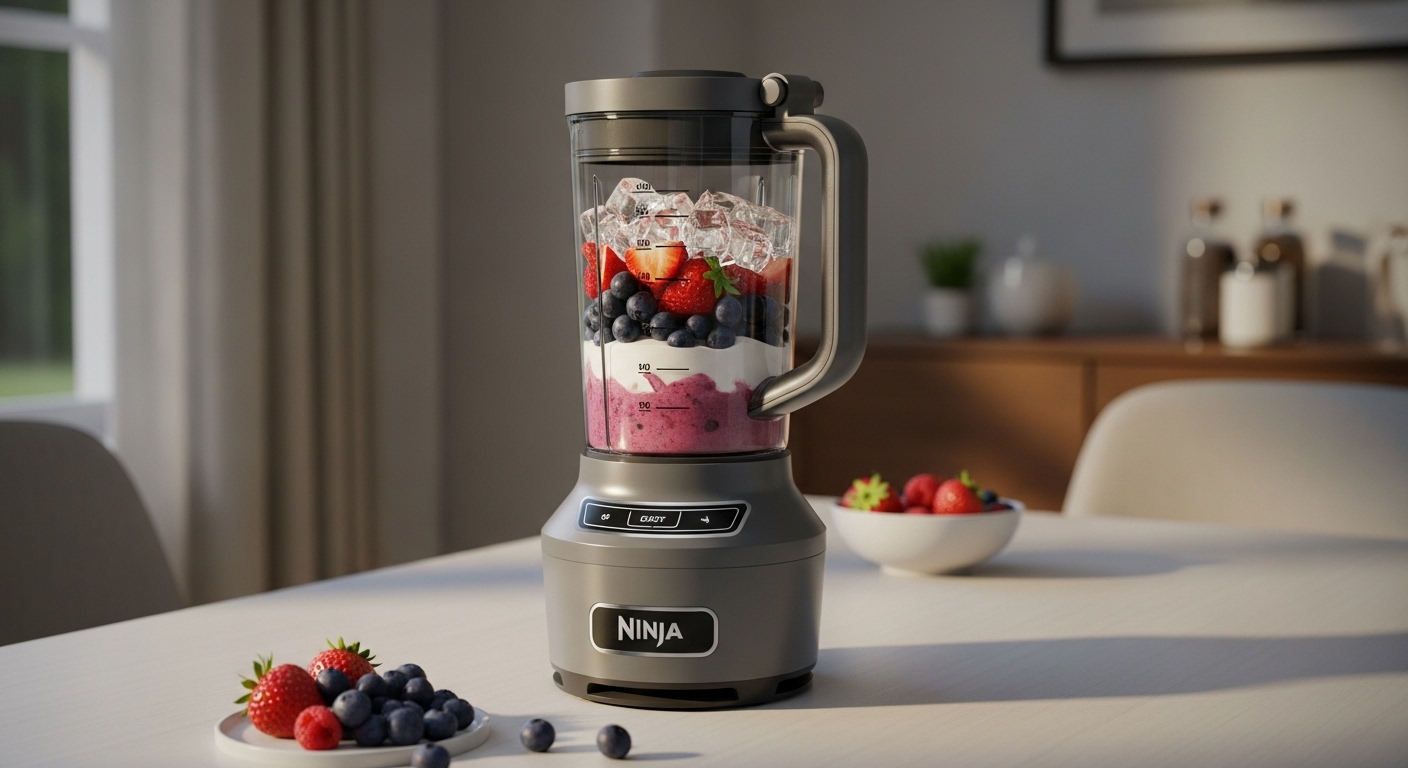 Ninja BC151BK Blast Portable Blender in grey, making a berry smoothie in a modern kitchen setting.