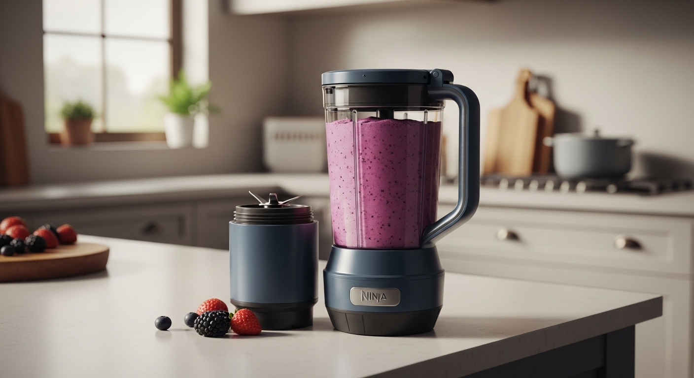 Ninja Blast Max Portable Blender in dark blue, with its detachable vessel filled with a purple smoothie, ready for travel on a clean dining table.