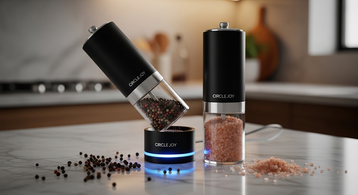 CIRCLE JOY Gravity Electric Salt and Pepper Grinder set with blue LED, actively grinding peppercorns and pink salt on a marble countertop.