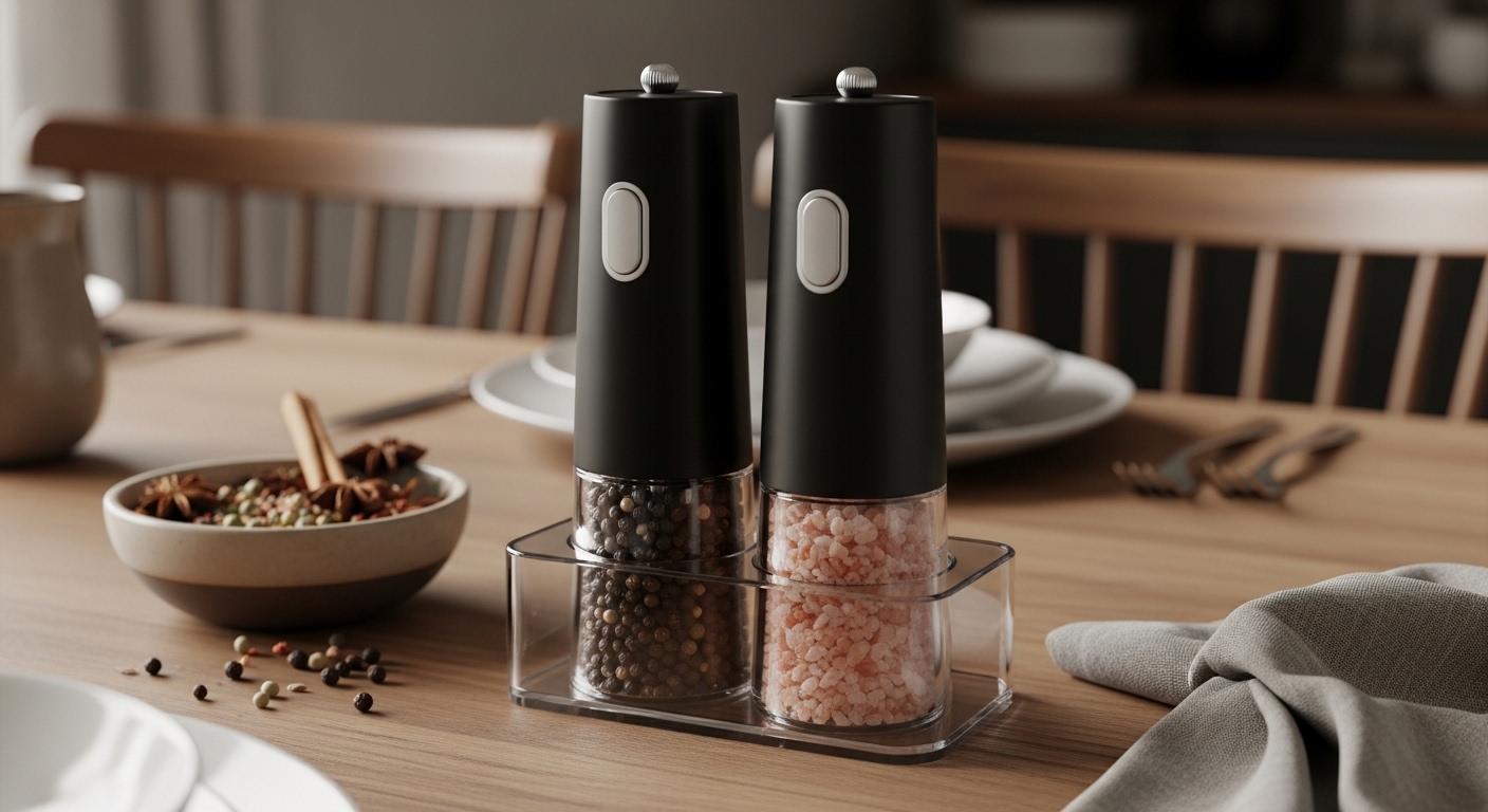 Electric Salt and Pepper Grinder Set in black with clear spice chambers and a storage base, filled with peppercorns and pink salt, on a wooden table.