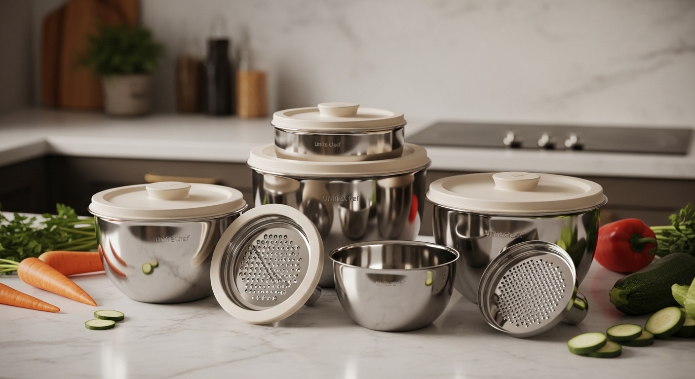 Umite Chef 8-piece stainless steel mixing bowl set with cream lids and grater attachments, ready for food prep.