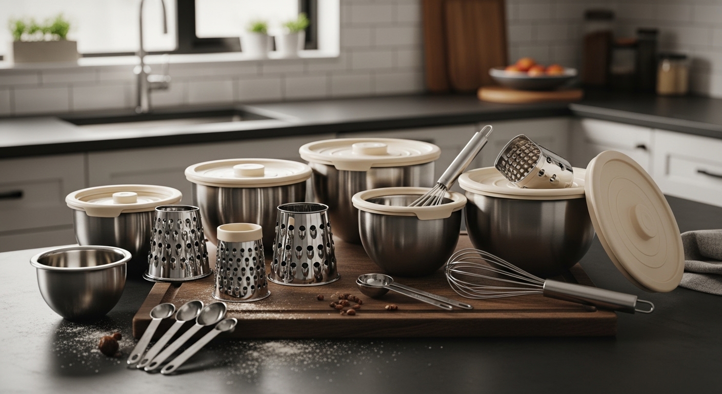 20-piece kitchen gadgets set featuring stainless steel mixing bowls with cream lids, graters, and various utensils.