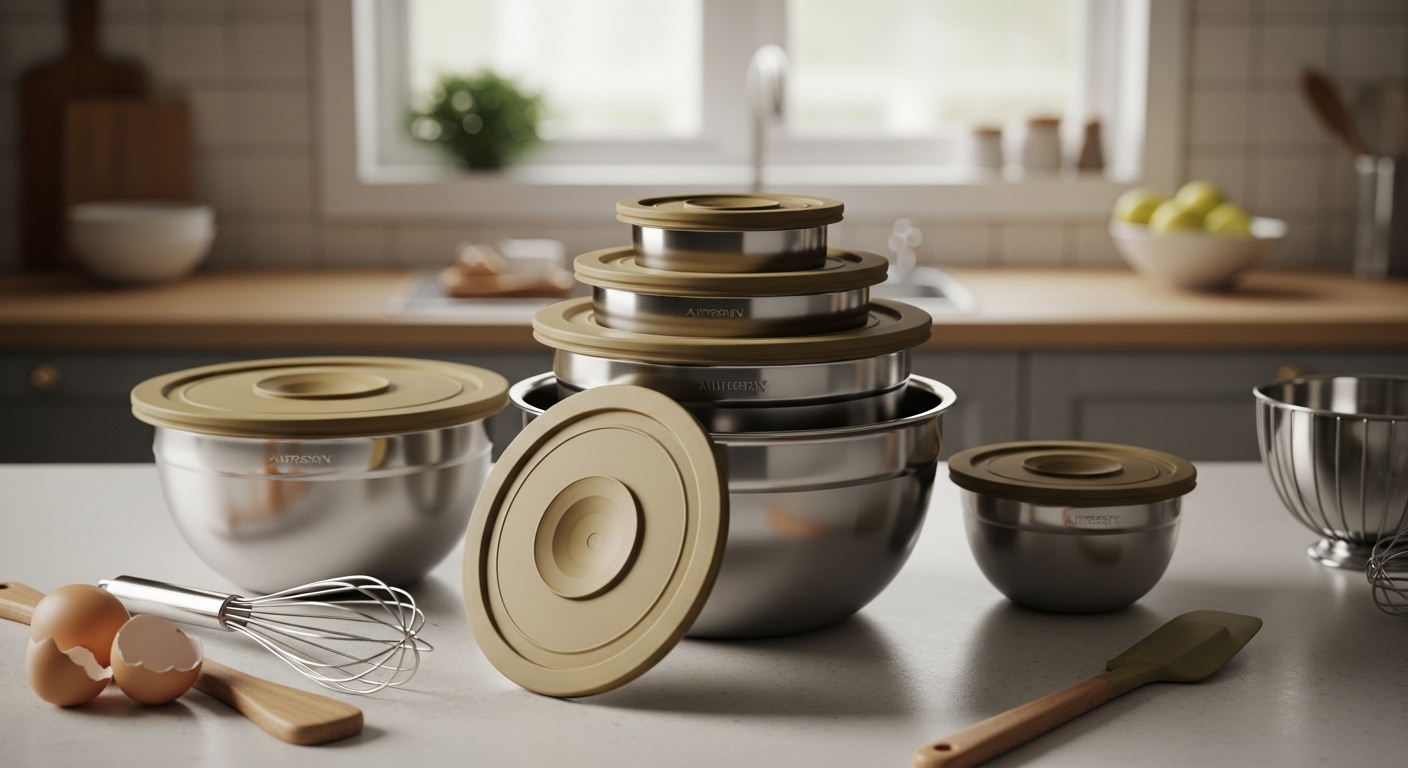 Set of 7 stainless steel mixing bowls with khaki-colored airtight lids and baking accessories, displayed in a rustic kitchen.