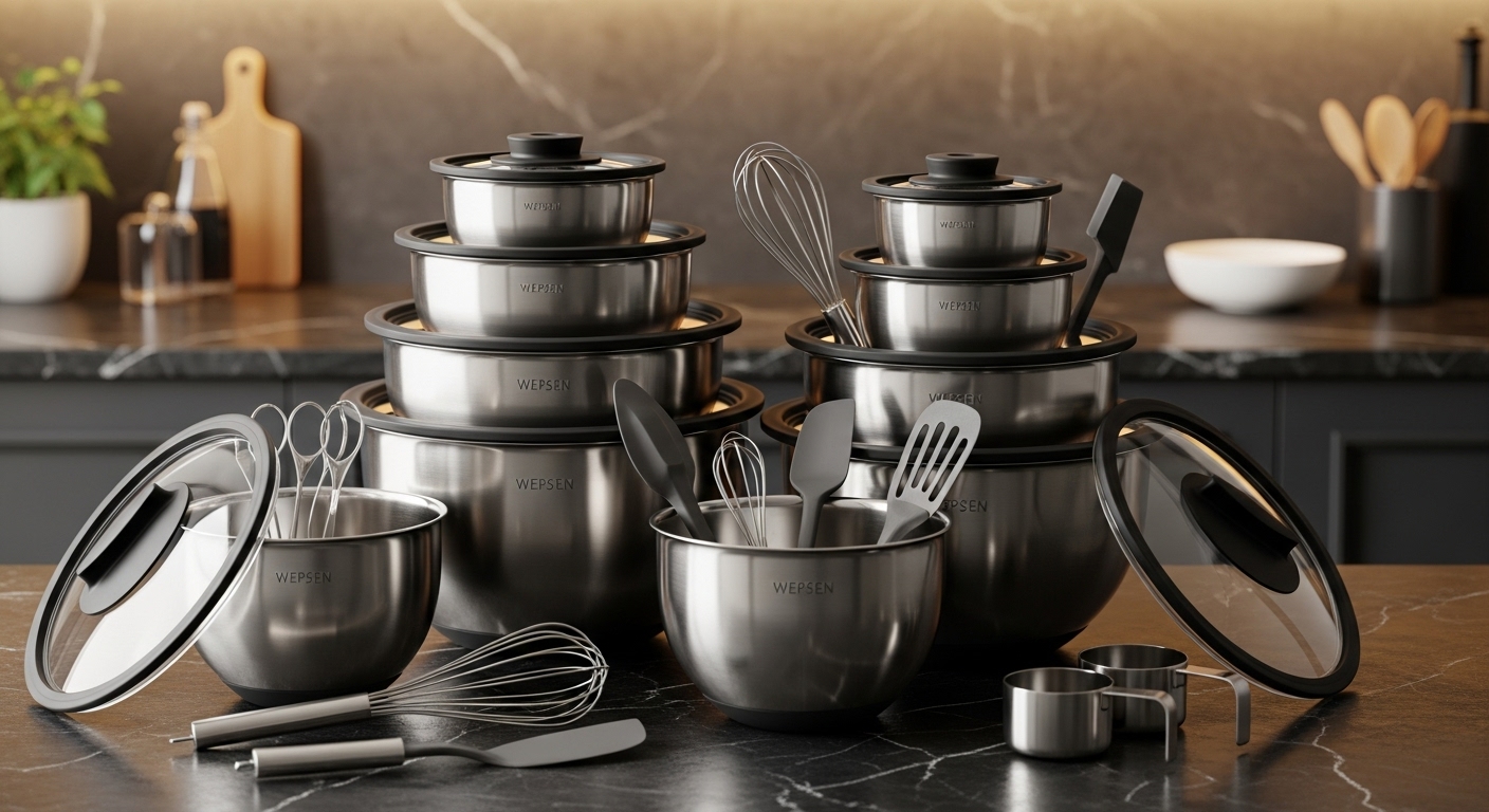 WEPSEN 27-piece stainless steel mixing bowl set with black airtight lids and baking tools, perfect for versatile kitchen tasks.