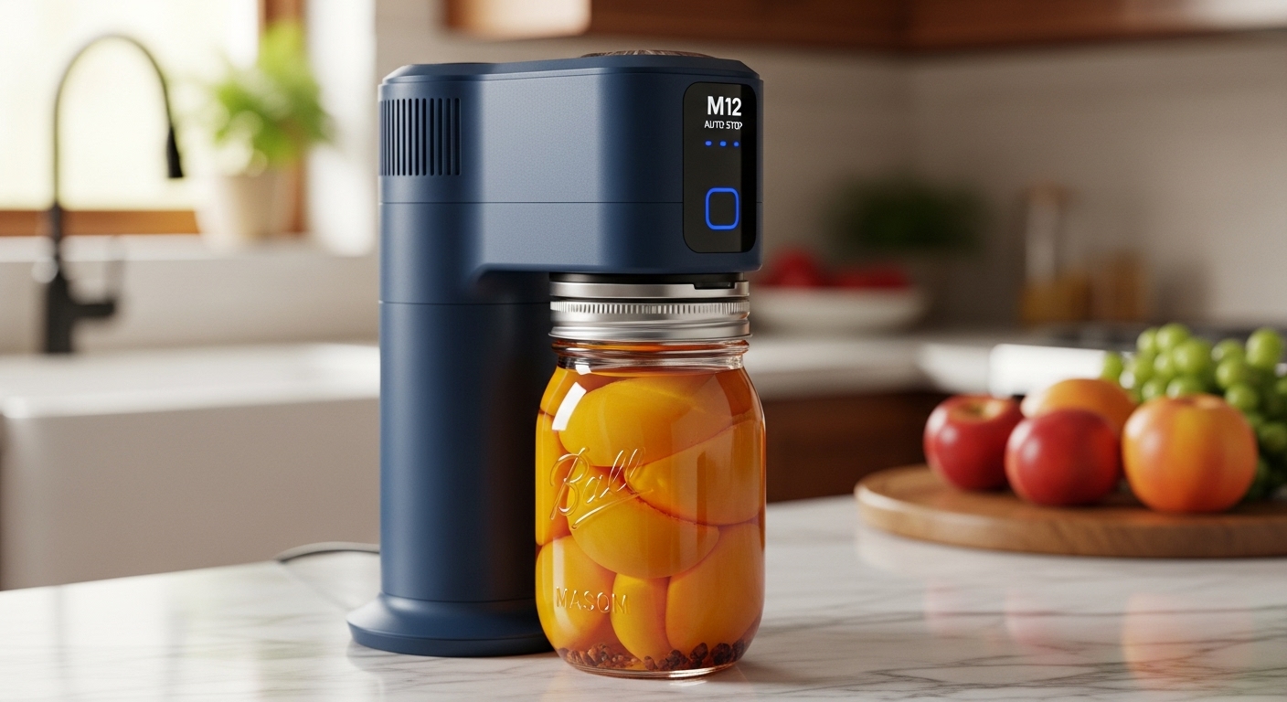 M12 Auto Stop Electric Mason Jar Vacuum Sealer, dark blue, sealing a jar of preserved peaches, surrounded by fresh fruit and natural light in a modern kitchen.