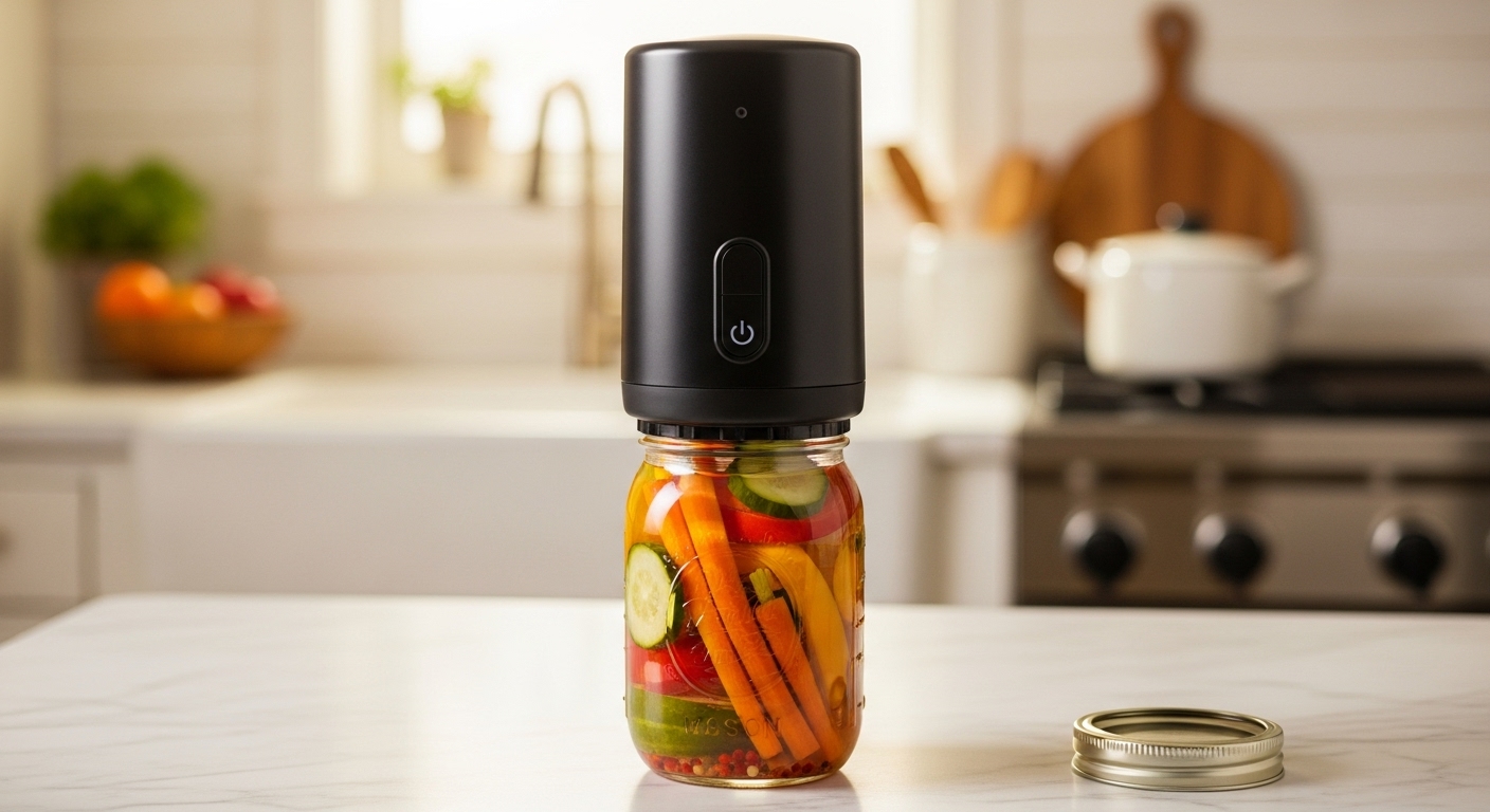 Electric Mason Cordless Vacuum Sealer Kit, black, on a marble countertop, sealing a jar of vibrant pickled vegetables, with blurred fresh produce in the background.