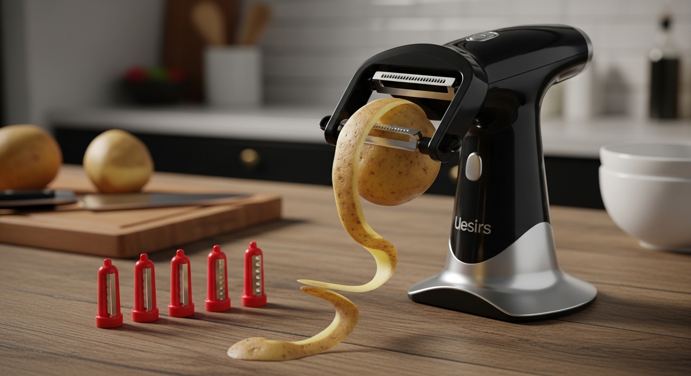 Starfrit Rotato Express 2.0 electric peeler in black and silver, peeling a potato, with red replacement blades on a wooden counter.