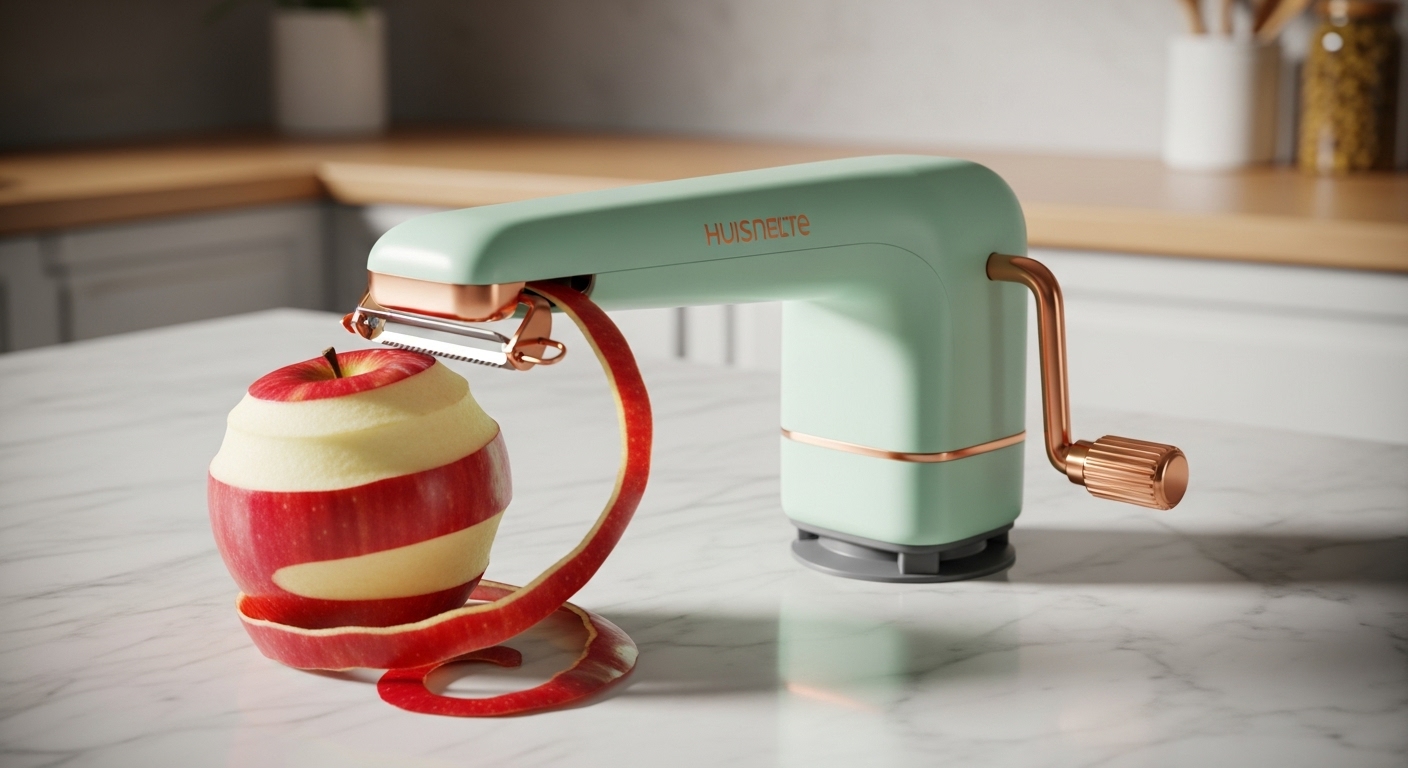 VEELAM manual apple peeler in mint green with copper accents, peeling a red apple on a marble countertop.
