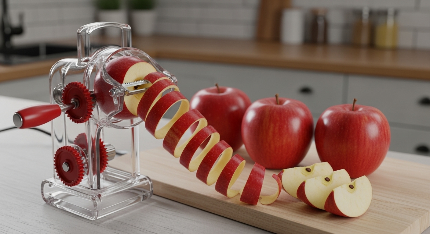 Starfrit clear manual apple peeler with red gears, peeling a red apple, surrounded by whole and sliced apples on a cutting board.