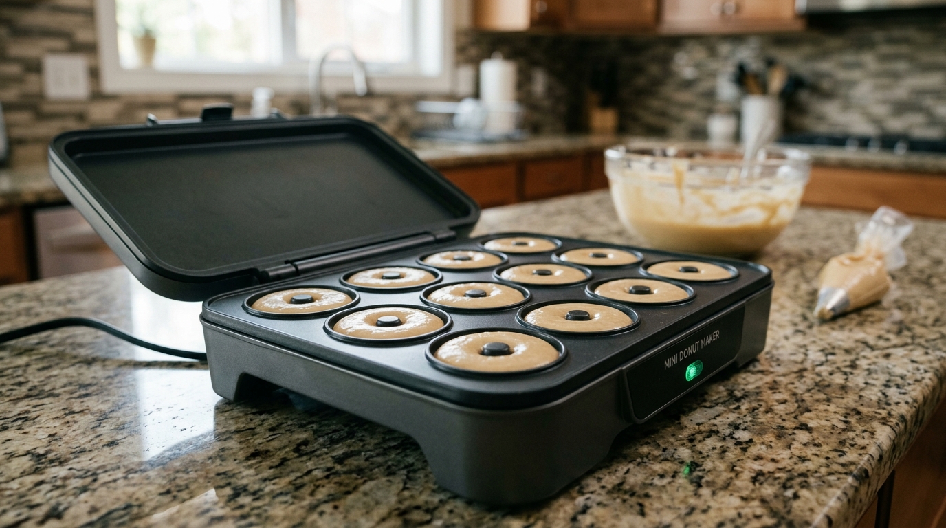 Puffed Golden Mini Donuts in Opened Machine Molds