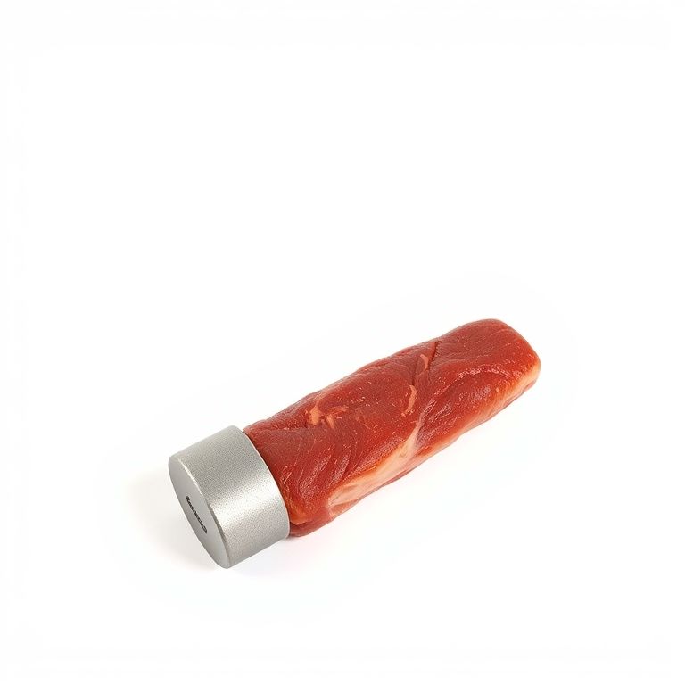 A dual-sided aluminum meat mallet for tenderizing and flattening pork chops.