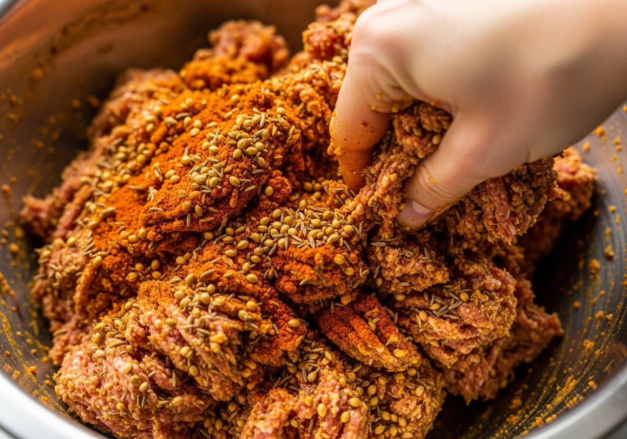 Close-up of seasoned lamb or beef mince being mixed by hand, showcasing rich spices and tactile mixing.