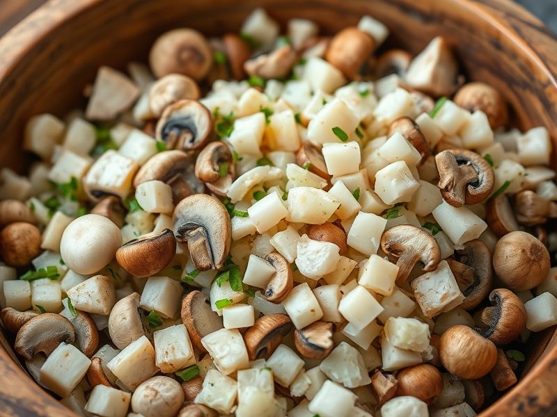 Eine Vielzahl von gehackten Pilzen und Zwiebeln, die in einer großen Schüssel gemischt und zum Kochen bereit sind.