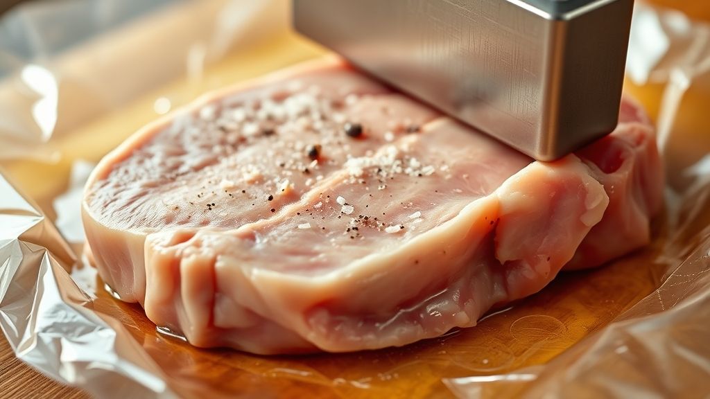 Pork chop being pounded between plastic wrap.