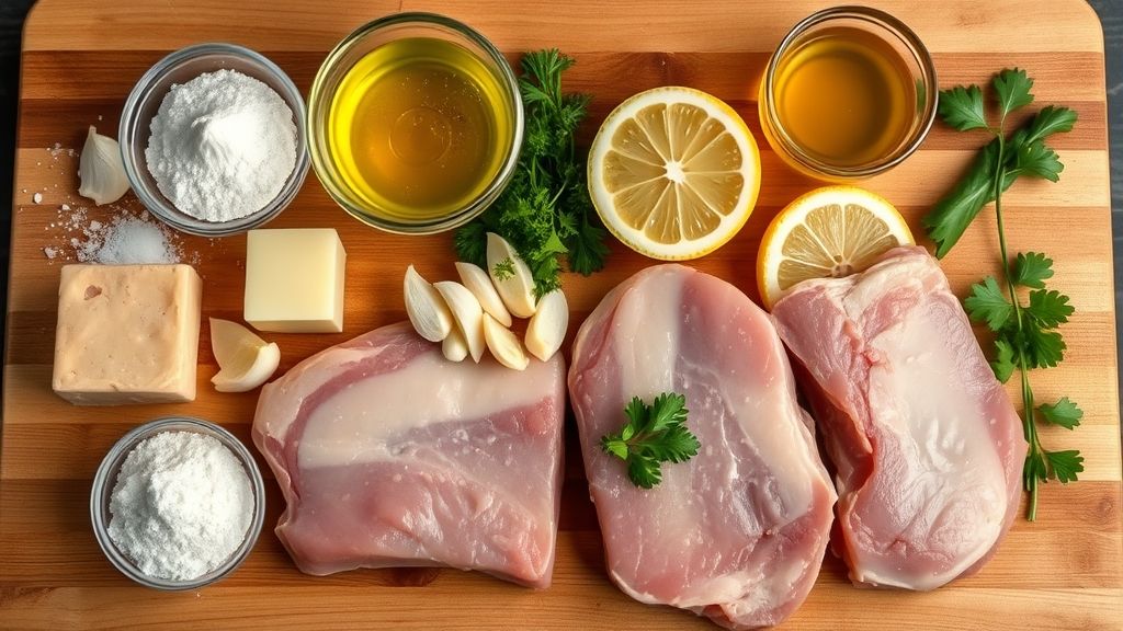 A neat arrangement of all fresh and prepped ingredients for Pork Scallopini on a wooden board, including pork chops, seasonings, flour, butter, olive oil, chopped shallots, sliced garlic, chicken broth, lemon slices, capers, and fresh parsley, all in warm, golden yellow tones.
