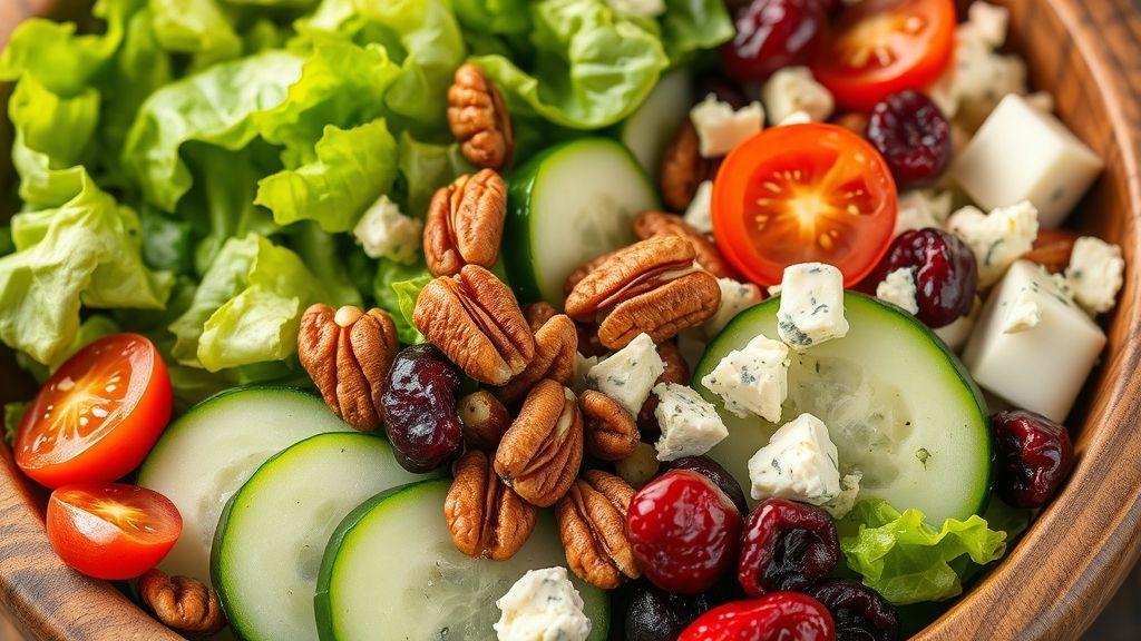 Ultra-close-up, photorealistic 16:9 image showing fresh, vibrant green chopped romaine lettuce, sliced English cucumber, halved grape tomatoes, toasted pecans, deep red dried cranberries, and crumbled blue cheese being artfully arranged and layered in a rustic wooden salad bowl. Emphasize textures and fresh colors with a golden yellow (#fdc754) tint, no text or watermarks.