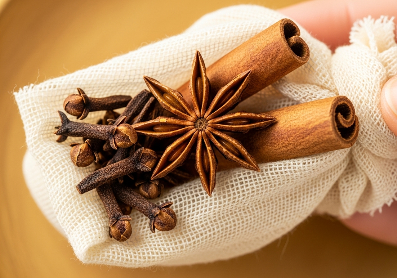 Close-up of whole cloves, star anise, and a cinnamon stick being tied in cheesecloth.