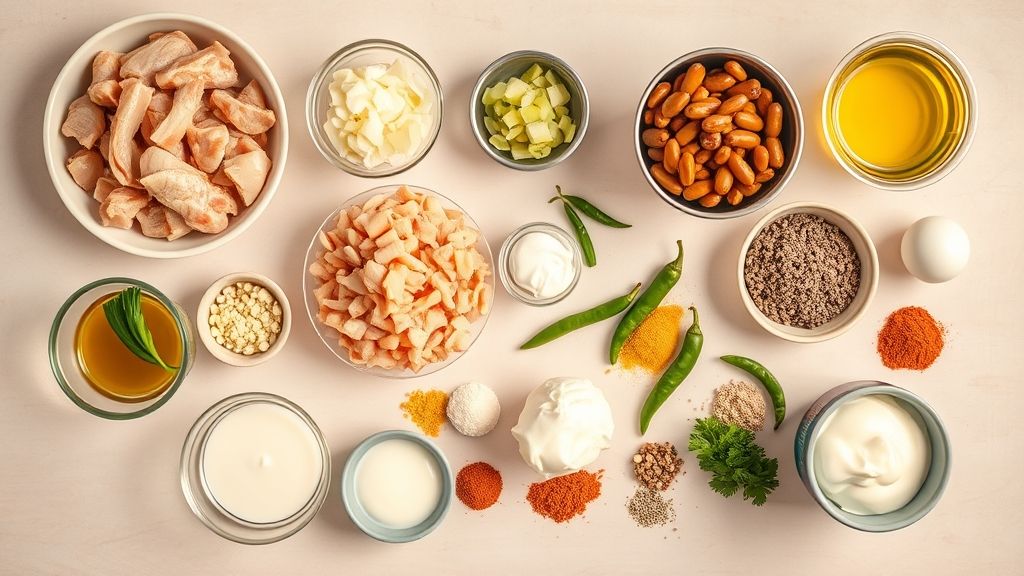 An overhead flat lay shot of all the raw ingredients neatly arranged on a light-colored kitchen counter. The chicken, chopped onion, minced garlic, canned beans, green chiles, and various spices are presented in small bowls and alongside olive oil, sour cream, and heavy cream. A warm, inviting golden glow highlights the fresh colors. Photorealistic, 16:9 widescreen aspect ratio.
