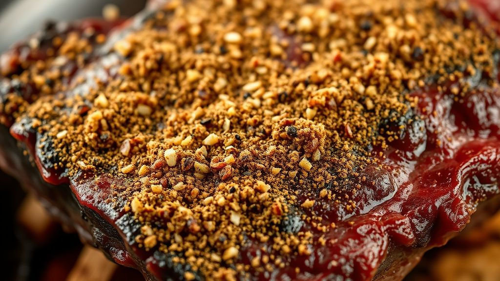 Ultra-close-up shot of beef short ribs being generously rubbed with a dark, savory spice blend (garlic powder, onion powder, salt, pepper). Focus on the texture of the meat and the spices adhering, with warm golden yellow lighting (#fdc754). Photorealistic, 16:9 widescreen, no text.