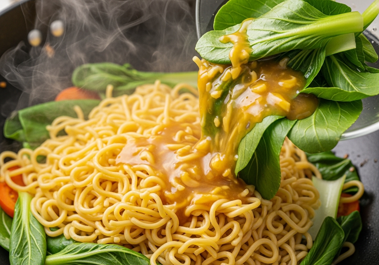 Ultra-Nahaufnahme von gekochten Nudeln, der glänzenden goldgelben Pfannengericht-Sauce (mit Wasser gemischt) und frischem Blattgemüse (wie Pak Choi), die mit anderen Pfannengericht-Zutaten in den heißen Wok gegeben werden. Dampf steigt auf.