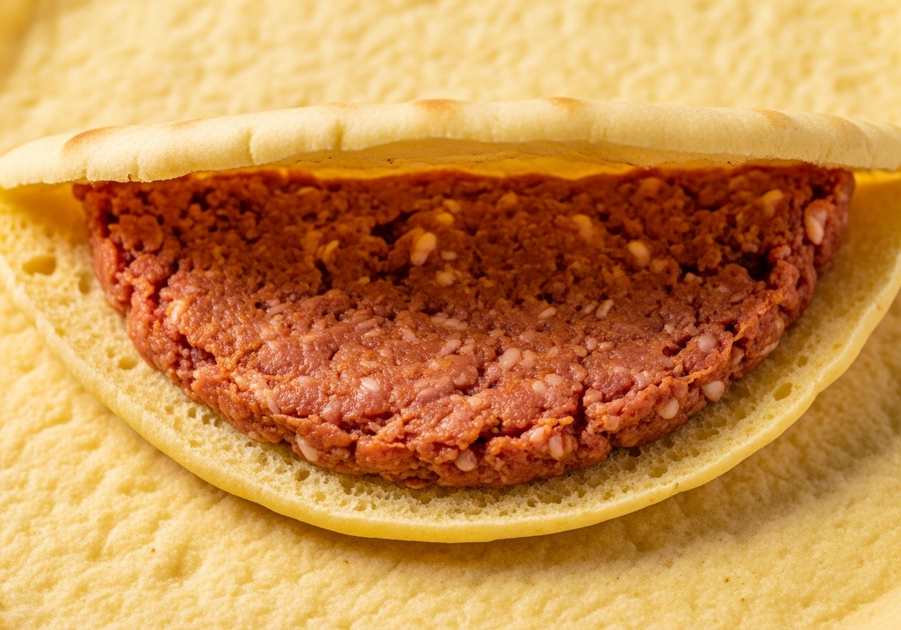 Close-up of spiced meat filling being carefully placed inside a thin pita bread half for assembly.