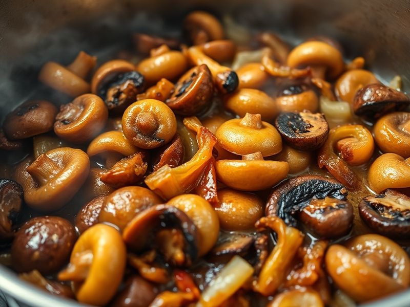 Zischende, tief gebräunte Pilze und Zwiebeln, die in einem großen Topf karamellisieren, mit aufsteigendem Dampf.