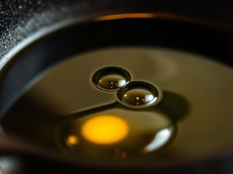 Olive oil shimmering in a hot cast iron skillet.