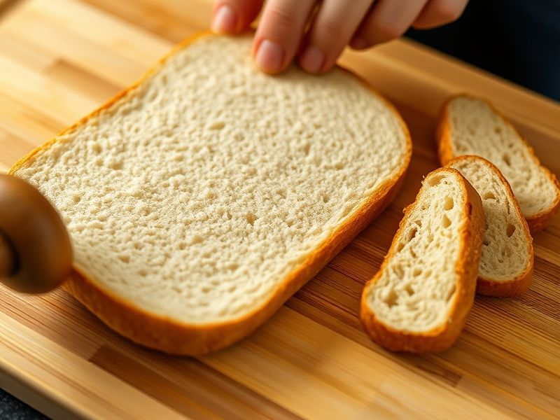 Une main utilisant un rouleau à pâtisserie en bois pour aplatir une tranche de pain blanc sur une planche à découper, avec les croûtes coupées visibles à proximité.