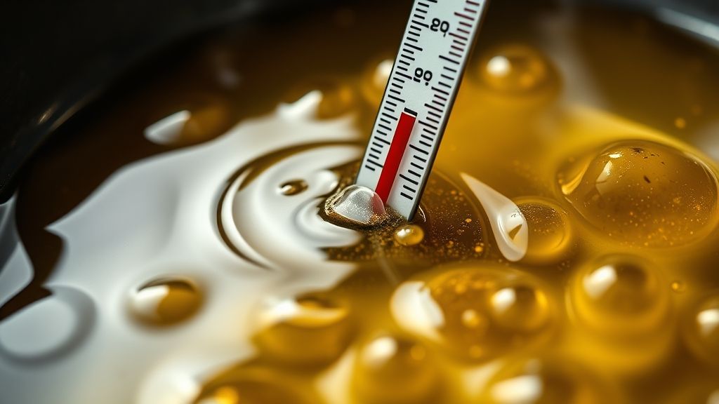 Oil heating in a skillet with a thermometer.