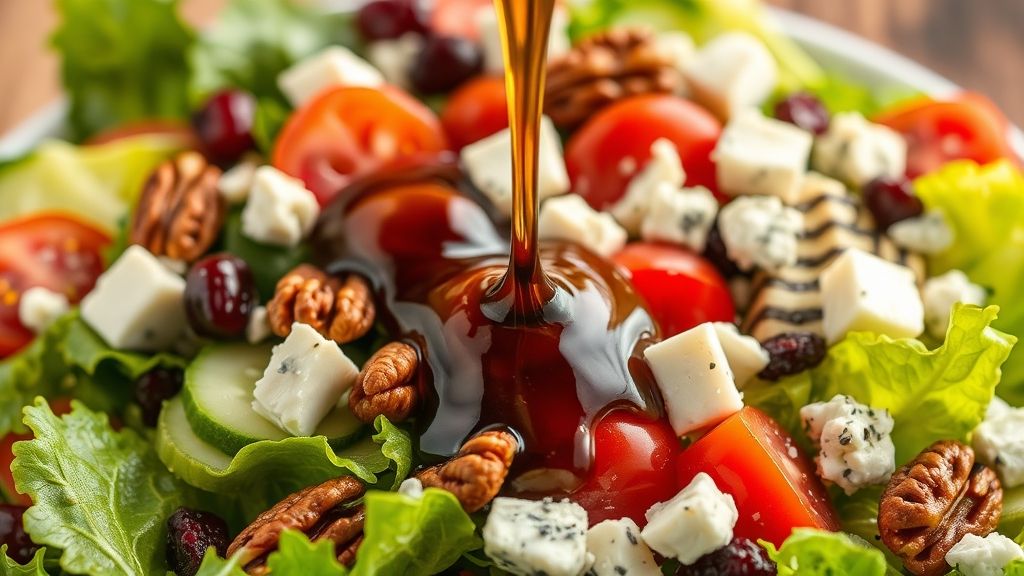 Ultra-close-up, photorealistic 16:9 image of a glossy stream of balsamic vinaigrette being drizzled over a vibrant tossed salad of romaine, cucumber, tomatoes, pecans, cranberries, and blue cheese. Capture the movement of the dressing and the sheen on the ingredients. Golden yellow (#fdc754) undertones, no text or watermarks.
