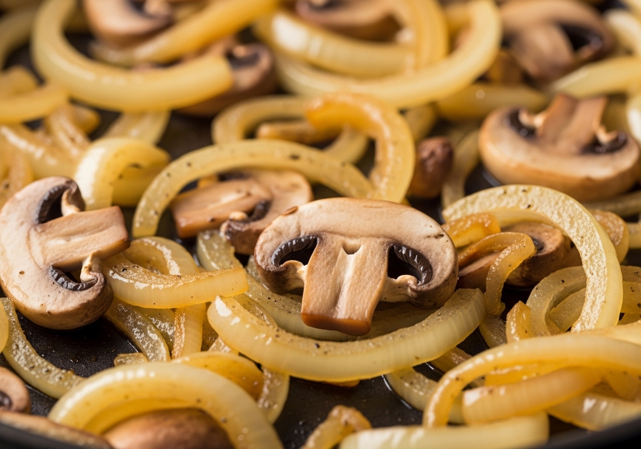 Ultra-Nahaufnahme von dünn geschnittenen gelben Zwiebeln und Champignons, die in einer Pfanne anbraten und goldbraun werden. Goldgelbe Töne.