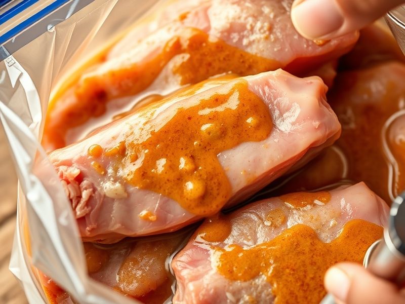 Gros plan des côtelettes de porc crues étant enrobées d'une marinade vibrante à l'intérieur d'un sac ziplock.
