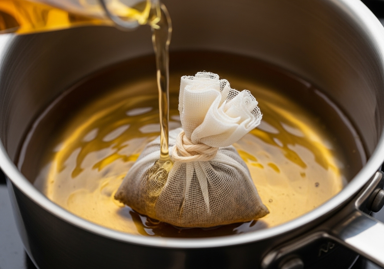 Spice bag at the bottom of a saucepan with apple cider being poured in.