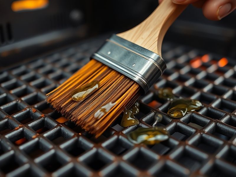 Saubere Grillroste, die mit Öl bestrichen werden, um sie für das Kochen vorzubereiten.