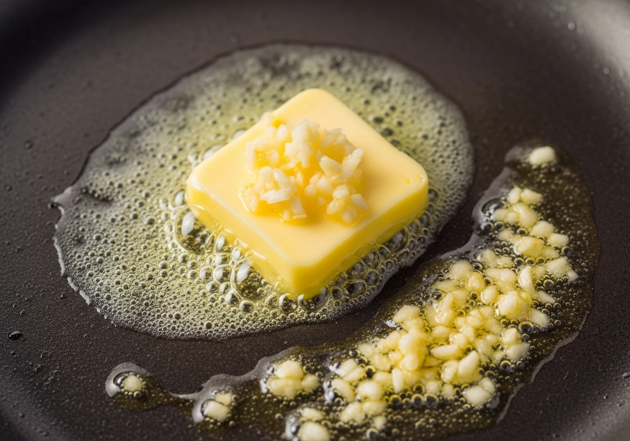 Beurre fondant dans une poêle avec de l'ail haché grésillant doucement