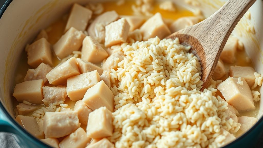 Mélange de poulet, de riz, d'eau et de soupes à la crème dans un plat à gratin