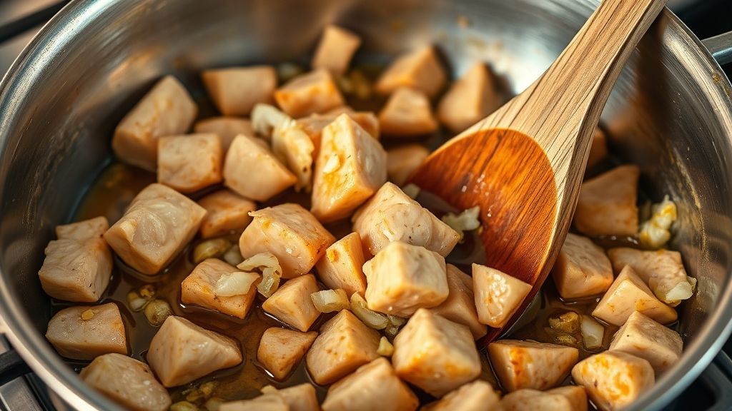 A close-up, high-angle shot of a stainless steel saucepan on a stovetop. Cubed chicken breast, chopped onions, and minced garlic are sizzling and lightly browning in olive oil. A wooden spoon gently stirs the mixture, showcasing the texture of the ingredients and the golden color of the chicken. Photorealistic, 16:9 widescreen aspect ratio, warm golden light.