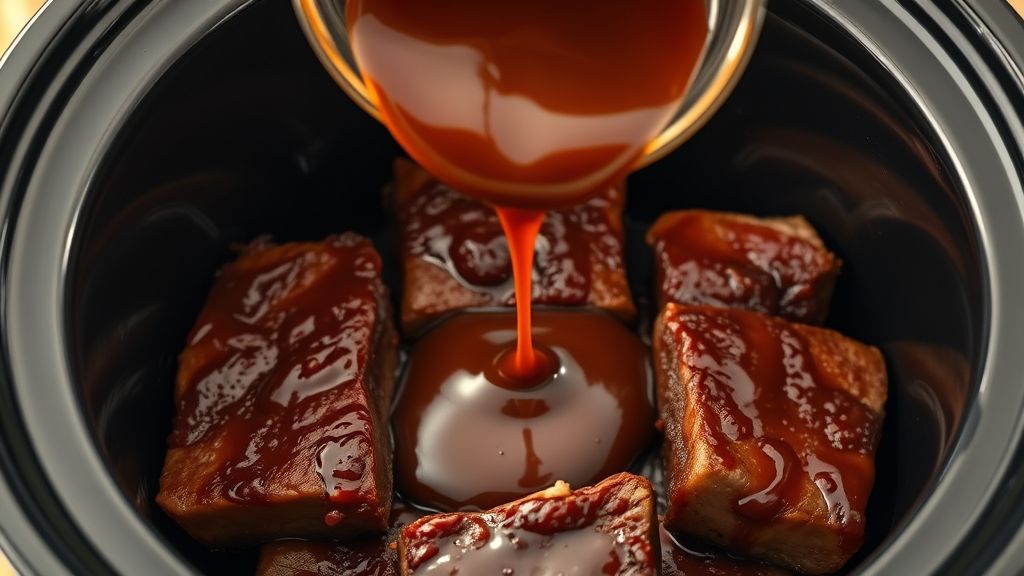 Ultra-close-up of beef short ribs neatly arranged at the bottom of a slow cooker insert, with a rich, glossy barbeque sauce being poured over them from a small bowl. Focus on the liquid flowing, highlighting the texture of the sauce and ribs, with warm golden yellow lighting (#fdc754). Photorealistic, 16:9 widescreen, no text.