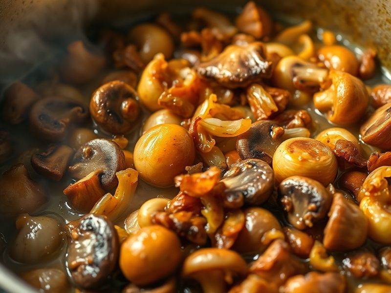 Mehr Pilze und Zwiebeln, die in einem großen Topf eine perfekte goldbraune Karamellisierung erreichen.