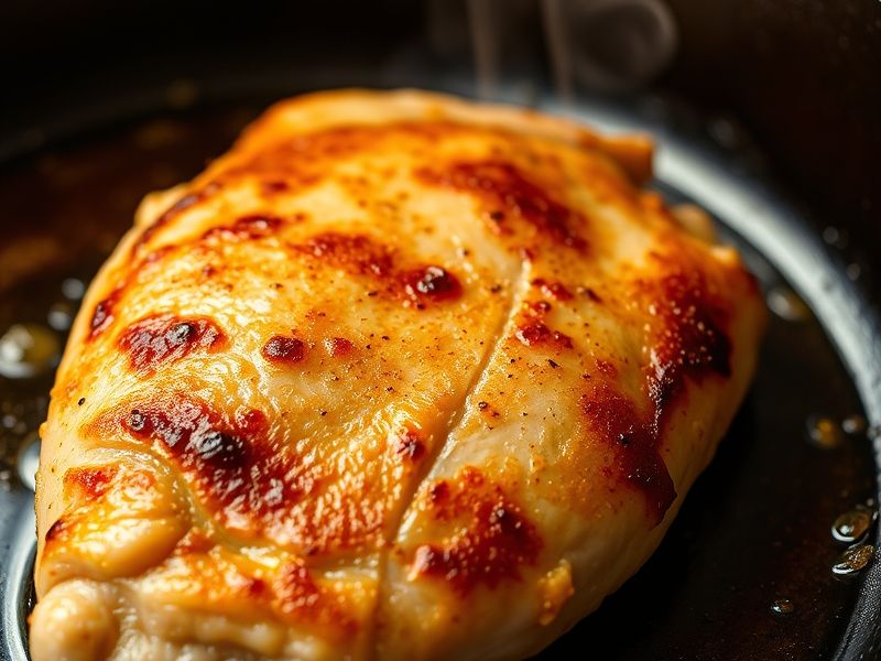 Chicken breasts searing to a golden brown in a cast iron skillet.