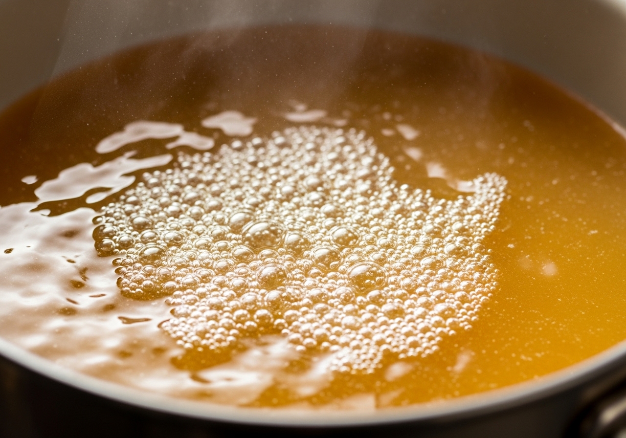 Apple cider vigorously boiling in a saucepan.