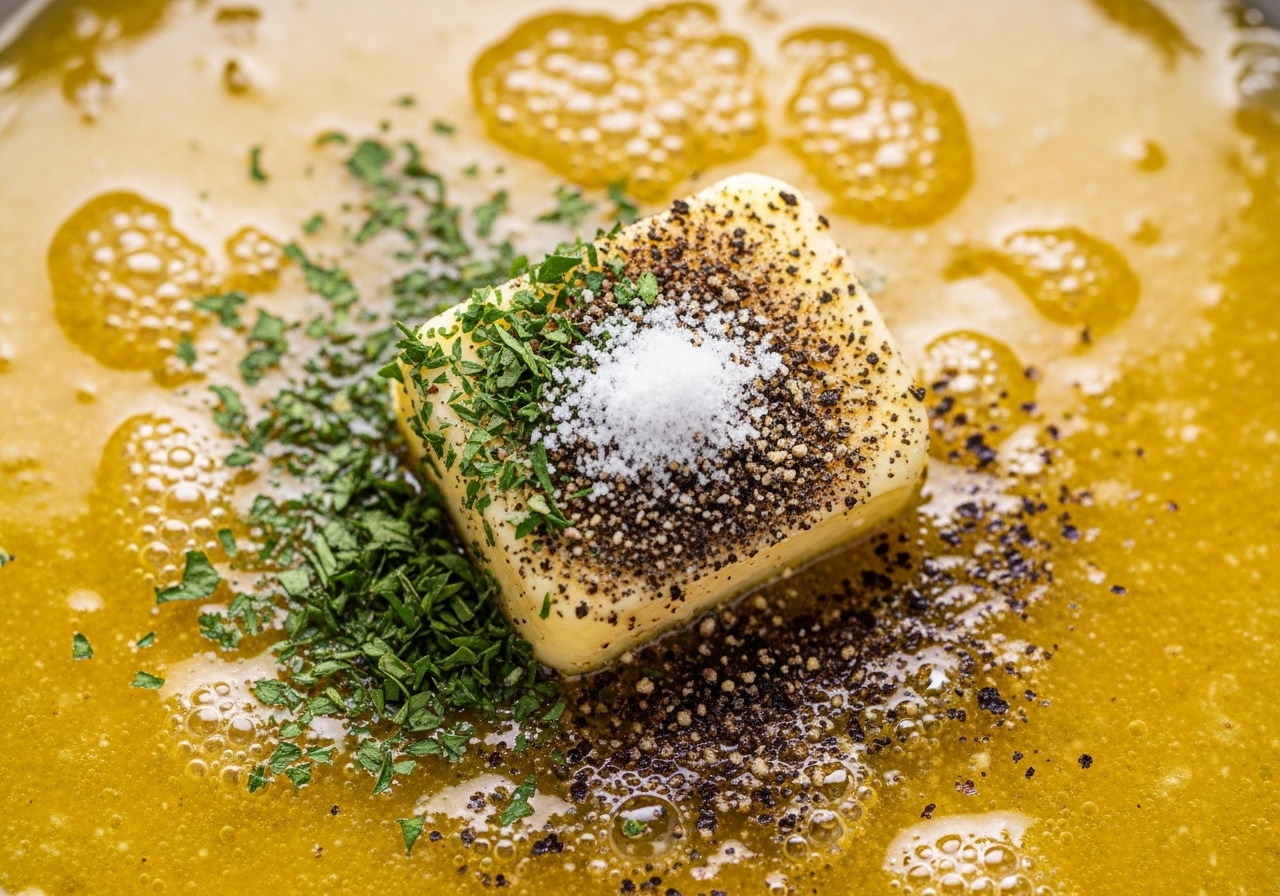 Persil, poivre et sel étant mélangés dans la sauce au beurre à l'ail bouillonnante