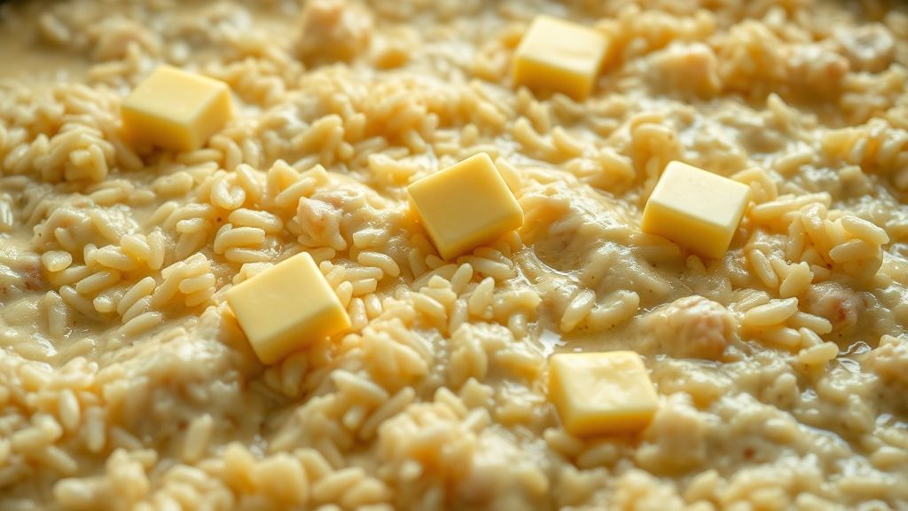 Plaquettes de beurre disposées sur le mélange de poulet et de riz