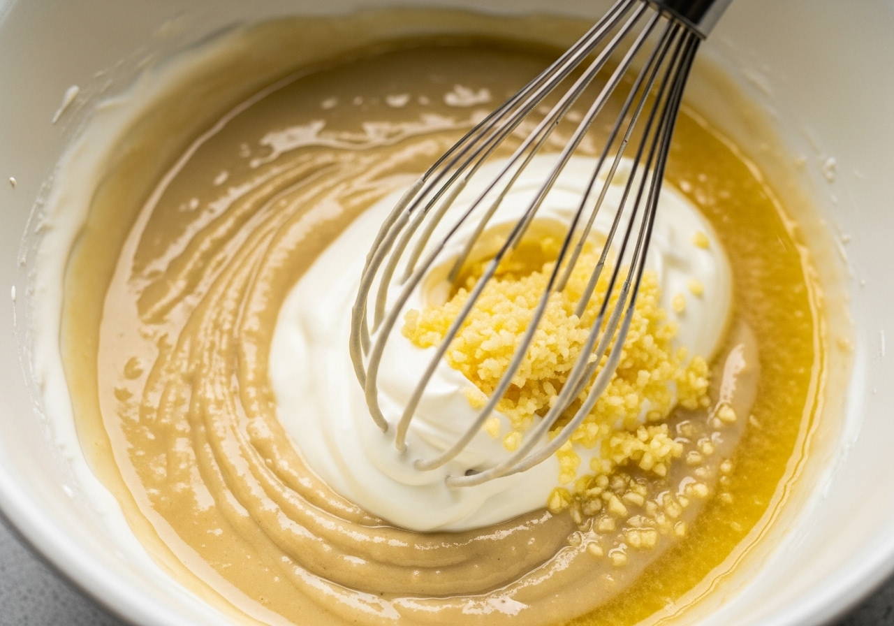 Close-up of a whisk mixing yogurt, tahini, lemon, and garlic into a creamy sauce.